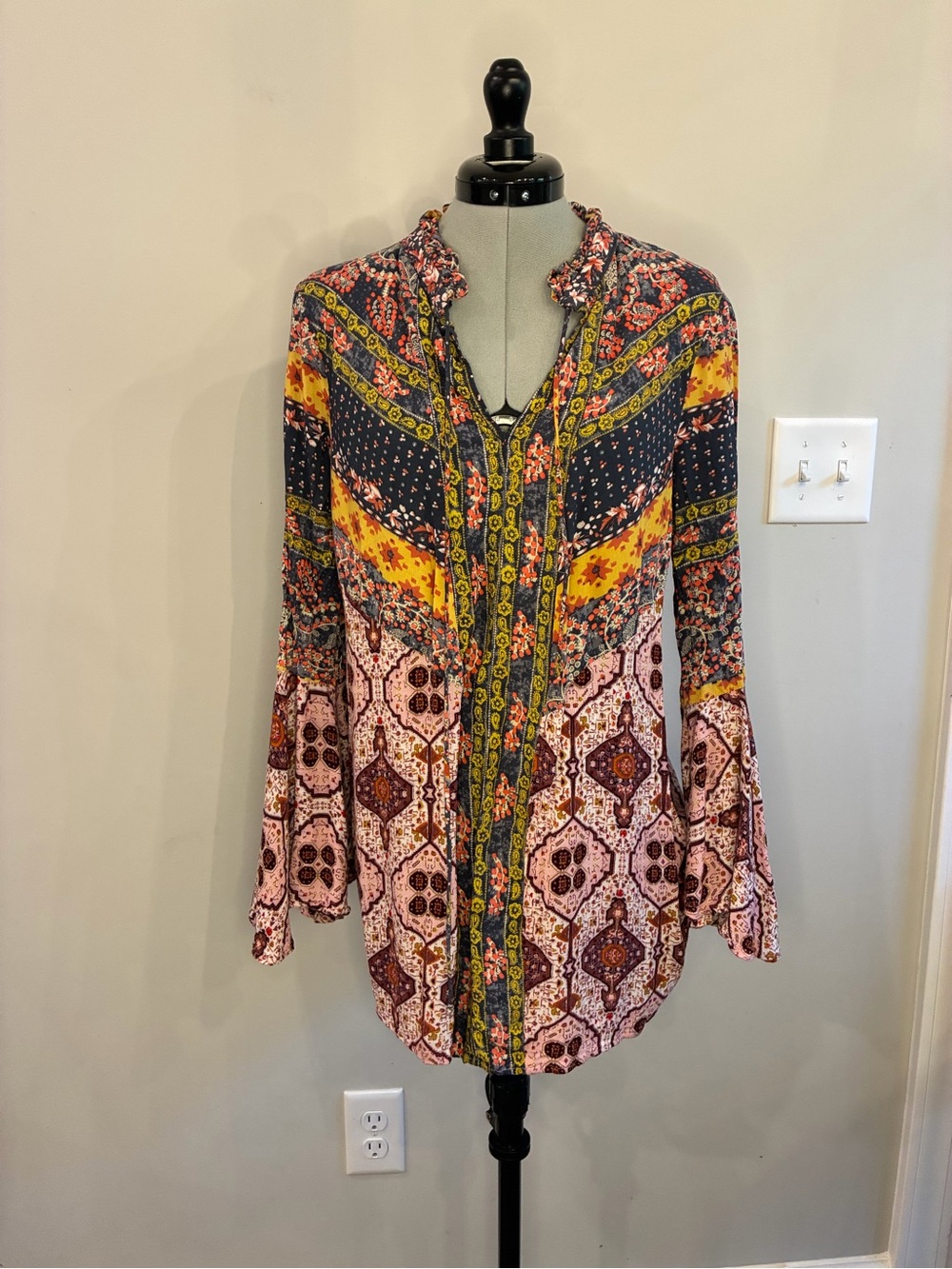 Boho Patchwork Print Long-Sleeve Tunic Blouse - Pink, Yellow & Navy 0395
